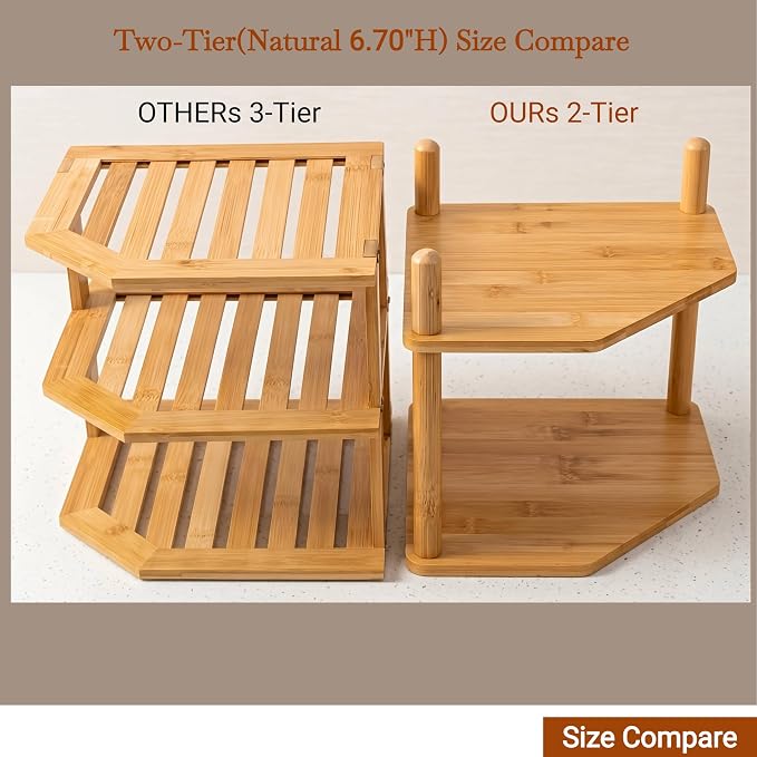 2-Tier Expandable Bamboo Corner Shelf - Dish/Plate Organizer for Cabinet, Kitchen Counter Shelf & Small Kitchen Shelf, Adjustable (6.7" H-Natural, 2-Tier)