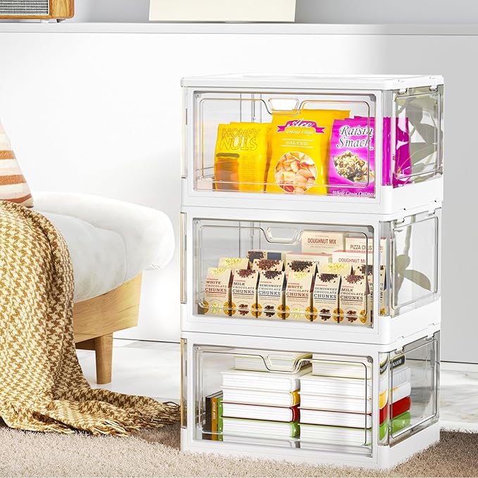 Clear Storage Bins with Lids 3 Packs - 24Qt Stackable Storage Bins, Acrylic Organizers, Plastic Multifunctional Folding Storage Bins, Plastic Stackable Storage Box for Bedroom, Living Room