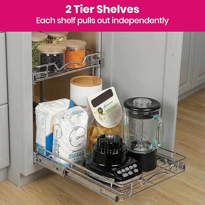 2-Tier Pull-Out Cabinet Organizer with Heavy-Duty Steel Frame, Full-Extension Sliding Shelves, Holds 100 lbs, Easy Install for Kitchen, Pantry & Under Sink Cabinets, 12" W x 21”D x 16.5" H