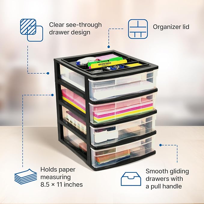 Gracious Living 4 Drawer Desktop & Countertop Organizer w/Organization Lid for Craft Storage, Office Supplies & School Supplies, Black/Clear (3 Pack)