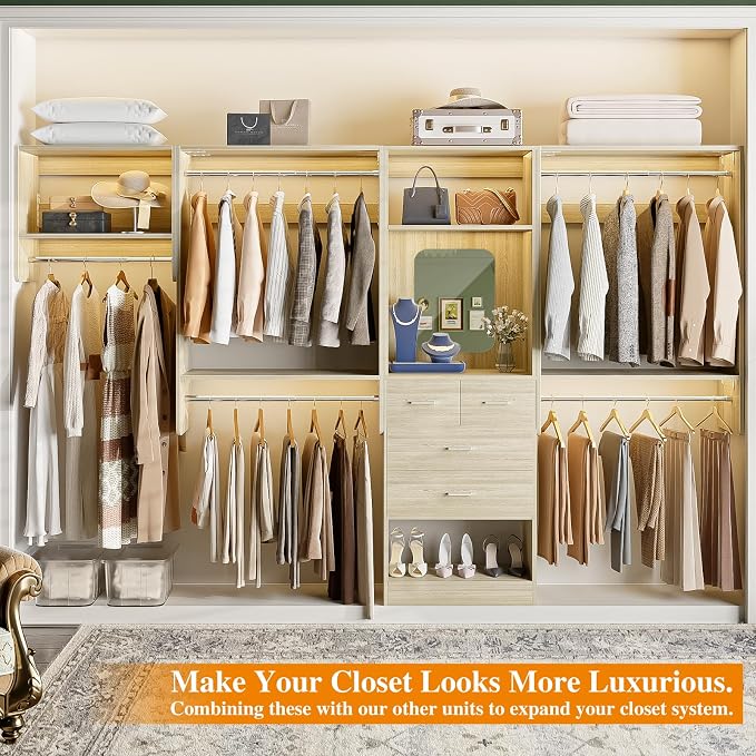 Unikito 36” - 96” Closet Systems, 8FT Walk in Closet Organizer Starter Kit with 5 Hanging Rod and 3 Shelves, Heavy Duty Reversible Wood Clothing Rack, Cut Be Cut to Fit, Max Load 1200 LBS, White Oak