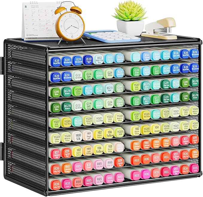 Marbrasse Mesh Marker Organizer, 9-Tier Rack Holds 126 Markers, Black | Marker Holder, Space-saving Vertical Design, Desktop Storage for Office Classroom & Home Art Supplies