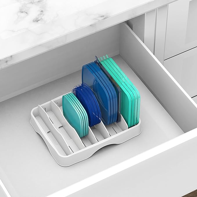 Simple Houseware Food Container Lids Storage Organizer with Adjustable Dividers, 13''x10'', White
