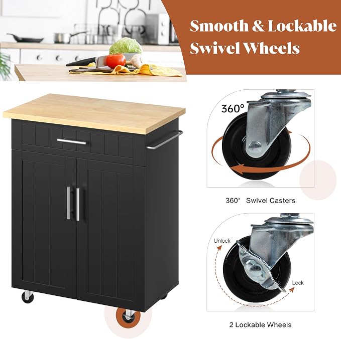 SUNLEI Kitchen Island Cart on Wheels with Storage Cabinet & Drawer, 26" Width Rolling Kitchen Table, Cart Handle for Towel Rack or Free Mobility, Kitchen Cart, Dining Room(Black)