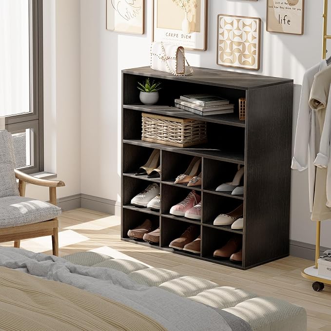 Garden 4 you Shoe Rack Organizer, 5-Tier Wood Cubby Shoe Rack with 2 Storage Shelf and 9 Cubbies, Shoe Organizer Cabinet for Entryway, Hallway, Closet and Garage,Black