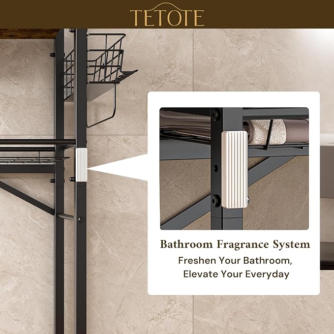 TETOTE Over-The-Toilet Storage Rack, 4-Tier Bathroom Organizer Shelf Over Toilet with Adjustable Shelf and Basket, Freestanding Space Saver Bathroom Shelves Above Toilet for Room(Brown)
