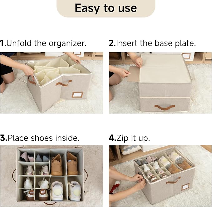 StorageWorks 2-Pack Closet Shoe Storage Organizer, Up to 32 Pairs, Brown | Fixed Compartments, Clear Lid & Label Window, Side Mesh Pocket for Accessories, Soft Handles, Fits Flats, Sandals & Low-Tops