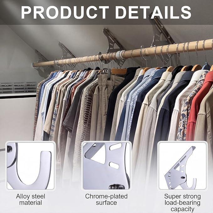 Lewtemi 2 Pcs Chrome-plated Alloy Steel Sloped Ceiling Clothes Rod Bracket 8" Chrome Closet Curtain Rod Bracket Under Stairs Storage Sloped Ceiling Rack Mount Angled Clothes Rack for Wall Attic