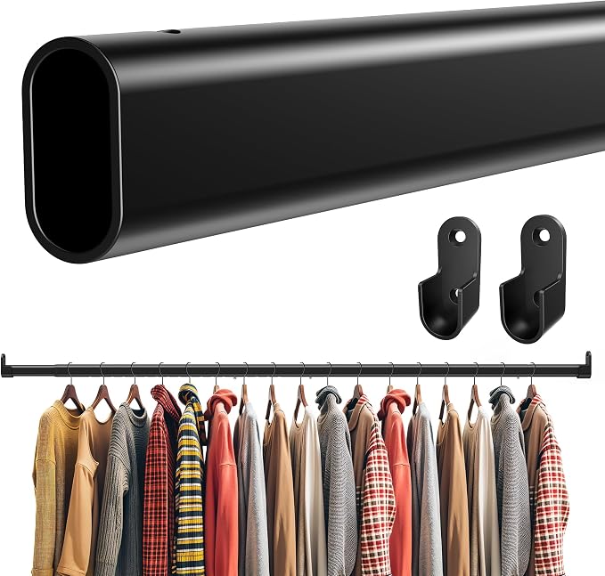 Oval Closet Rod for Hanging Clothes, Adjustable, 18 to 51 in | Black, Heavy Duty, Metal, Suitable for Wardrobes, Laundry, RV