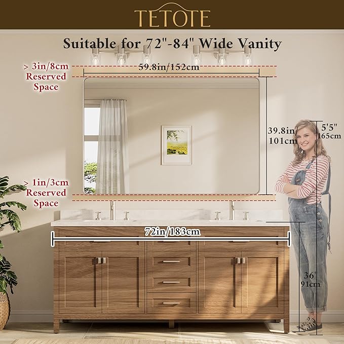 TETOTE 60 x 40 Inch Brushed Gold Frame Mirror, Brass Bathroom Vanity Mirror for Wall, Modern Rectangle Round Corner Matte Framed Mirror (Horizontal/Vertical)