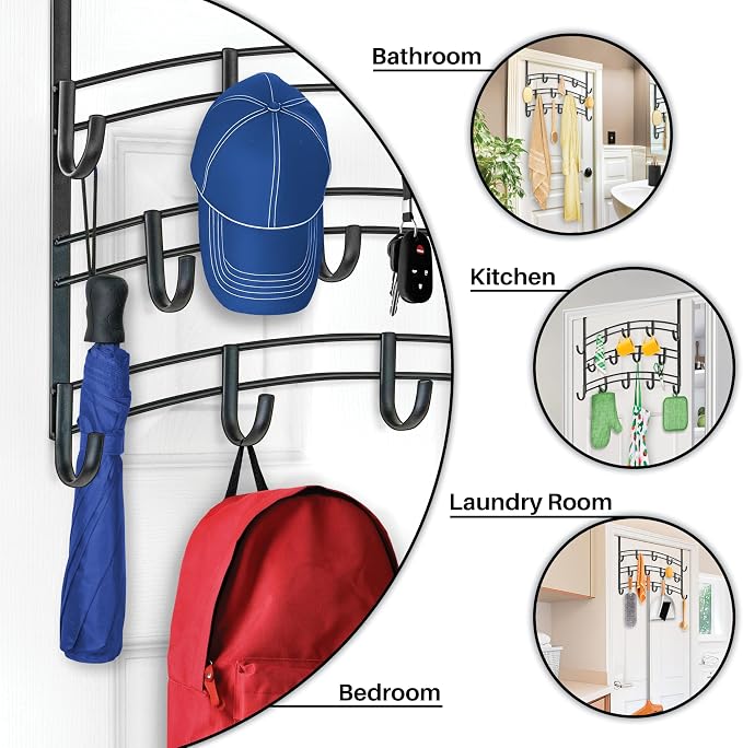 LYNK Professional® Home™ Over the Door Hooks - 14 Hook – Over the Door Coat Rack - Over the Door Hanger - Hanging Towels or Clothes - Bathroom, Bedroom, Laundry Room - Lifetime Ltd. Warranty, Black