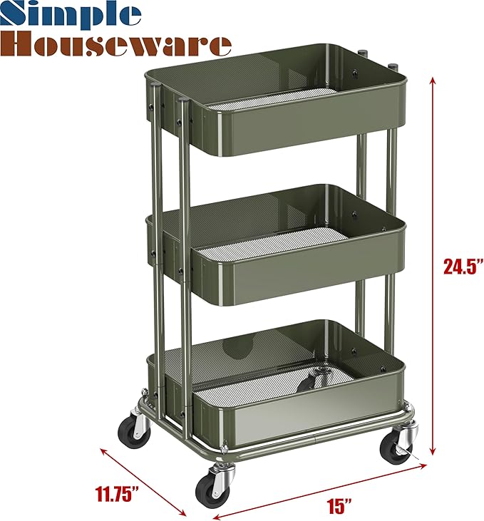 Simple Houseware 3-Tier Utility Cart, Low 24" Height Fits Under Desk, Green | Compact & Lower Height Great for Under-Desk Space-Saving Storage for Home Office, Dining Room, or Kitchen