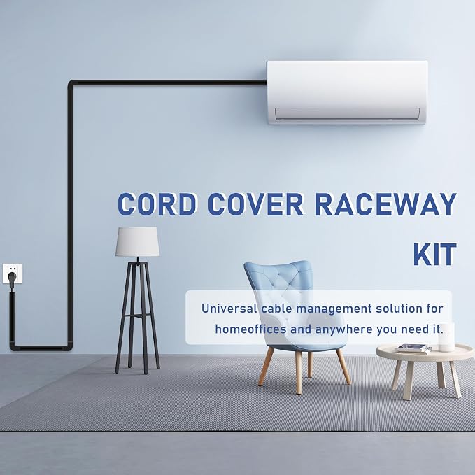 157" Cord Cover Raceway Kit, Large Cable Cover for Wall, Black | 157" wall cable cover kit hides TV and power cords with paintable raceways and customizable connectors