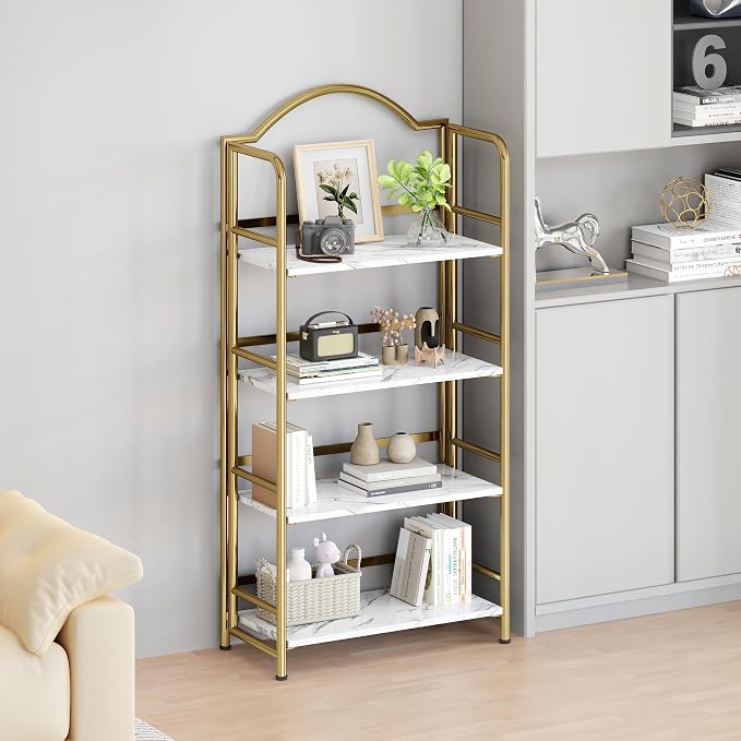 Gold Folding Bookshelf 4 Tiers, No Assembly,Vintage Storage Rack,White&Gold | Vintage Bookcase Multifunctional Plant Flower Stand, Storage Shelves Organizer for Home Office,Living Room,Dorm