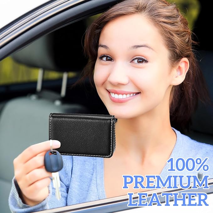Outus 2 Pcs Business Card Holder, PU Leather Business Card Case Pocket Wallet with Magnetic Shut for Valentines Gift Adult(Black, Apricot)