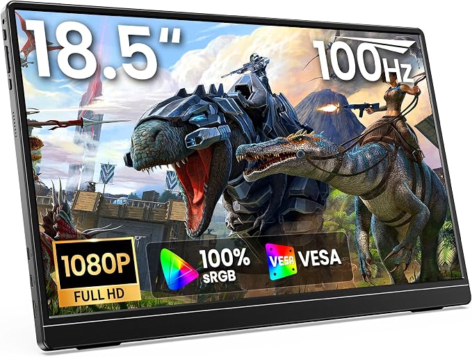 MNN Portable Monitor 18.5'' 100Hz, FHD 1080P IPS Laptop Screen with Built-in Stand & Dual Speakers, USB-C HDMI External Display for Laptop PC Phone PS5 Xbox Switch, Travel Gaming Monitor