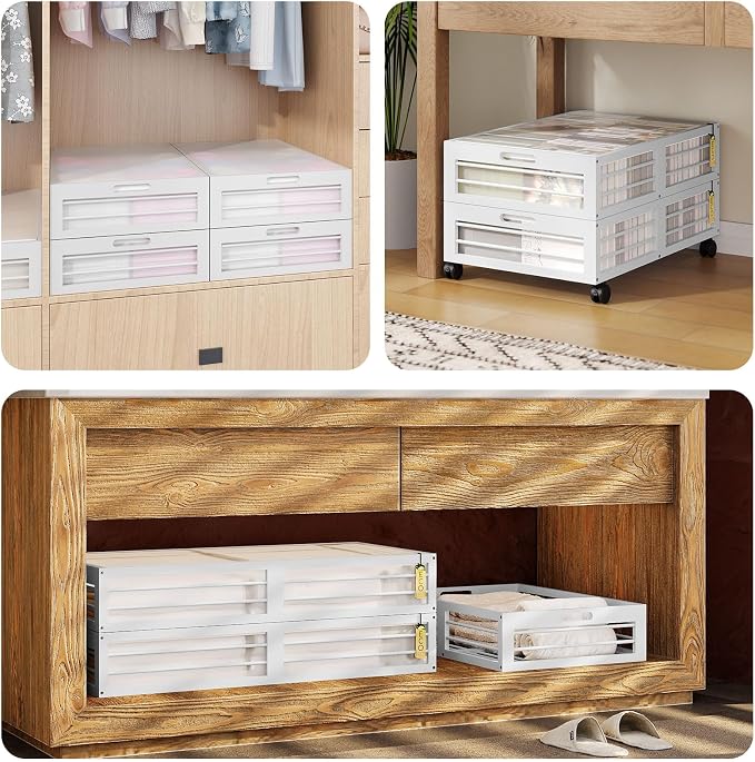 Underbed Storage with Wheels, 2 Pack Bamboo Containers for Shoes & Clothes | Dustproof bags protect contents. Stackable frames save space. 360° wheels provide smooth access to clothes, bedding and toys