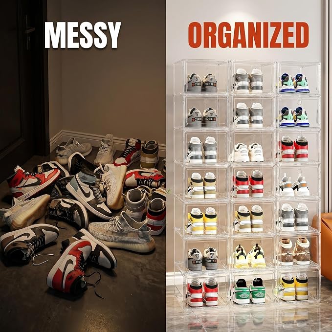 9-Ply Thick Clear Shoe Boxes 9 Pack, Heavy Duty Stackable Shoe Storage Bins with Magnetic Door, Foldable Plastic Shoe Containers for Sneaker Closet Organization