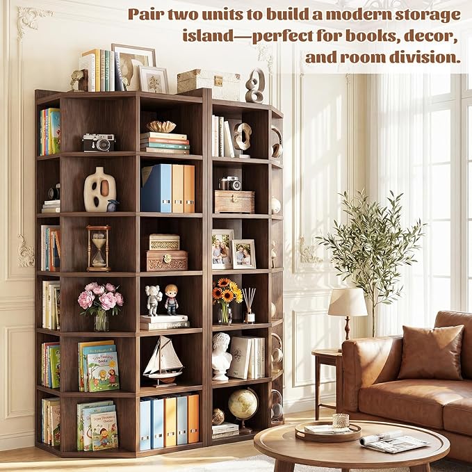 Aheaplus Corner Cube Book Shelf, 7-Tier Corner Storage Cabinet with Top Table, Corner Cube Shelf for Small Space, Wooden L Shaped Cubby Bookcase for Home Office, Bedroom, Living Room, Black Walnut