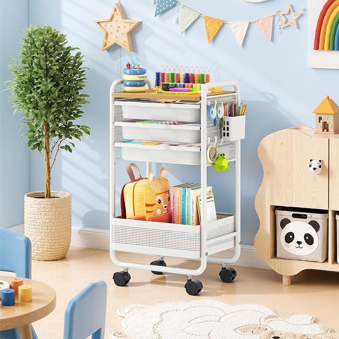 Metal Rolling Storage Cart with 3 Drawers - Utility Cart on Wheels with Pegboard & Wood Tabletop, Multifunctional Trolley Organizer with Hooks & Bin for Living Room,Bedroom,Craft Room,Office,Kids Room