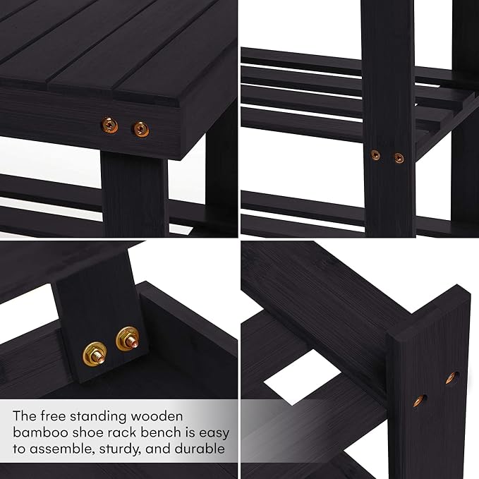 Homemaid Living Bamboo 3 Tier Shoe Rack Bench, Premium Shoe Organizer or Entryway Bench, Perfect for Shoe Cubby, Entry Bench, Bathroom Bench, Entryway Organizer, Hallway or Living Room(Black)