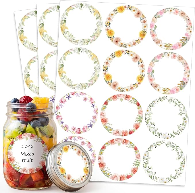360 Pcs Canning Jar Labels, 2 Inch Floral Round Stickers, Writable | Self-Adhesive, Easy To Write, 6 Floral Designs, For Jars Bottles Meal Prep Pantry Organization