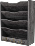 PAG 5-Tier Wall File Holder Hanging Mail Organizer Wood Magazine Literature Rack with 6 Hooks, Dark Gray
