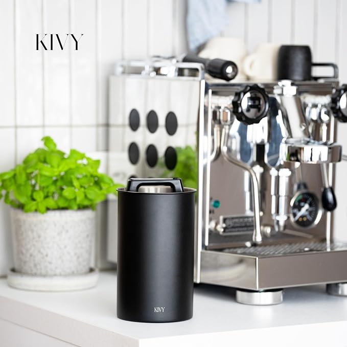 KIVY Vacuum Coffee Canister - Push Lid Preserves Coffee Aroma & Oil - Stainless Steel Airtight Coffee Canister - Removes Excess Air
