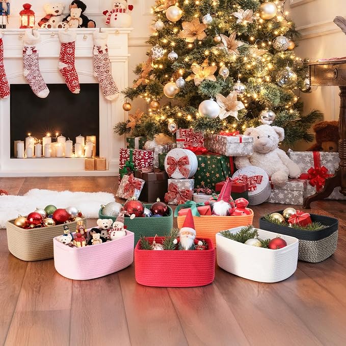 3-Pack Small Storage Baskets for Organizing | Woven Shelf Toy Basket | Rope Baskets for Gifts Empty | Closet Organizer Bins with Handles | Cube Decorative Box | 11.8×7.8×5.1” | Christmas Red