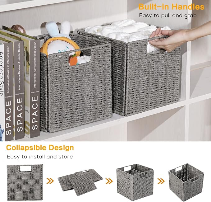 Vagusicc Storage Basket, Set of 2 Hand-Woven Paper Rope Wicker Baskets for Storage, Foldable Cube Storage Bins Organizer, 9 inch Medium Wicker Storage Baskets for Shelves Pantry Organizing Decor, Grey