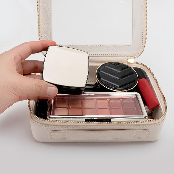 Aveniee Clear Makeup Bag Organizer Set,Portable Travel Toiletry Case for Women, Vegan Leather Cosmetic Pouch Car Bag for Essentials 2pcs,Middle & Large,Beige
