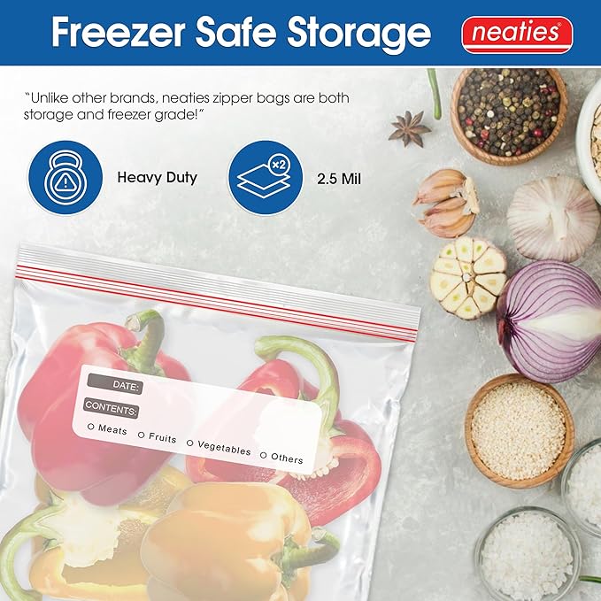 Neaties 1 Quart Resealable Bags – Medium Sized Heavy Duty Freezer Bags with Dual Zipper – 7x8" with Writable Space for Kitchen or Home Storage – BPA-Free Food Grade Plastic – 300 Pack