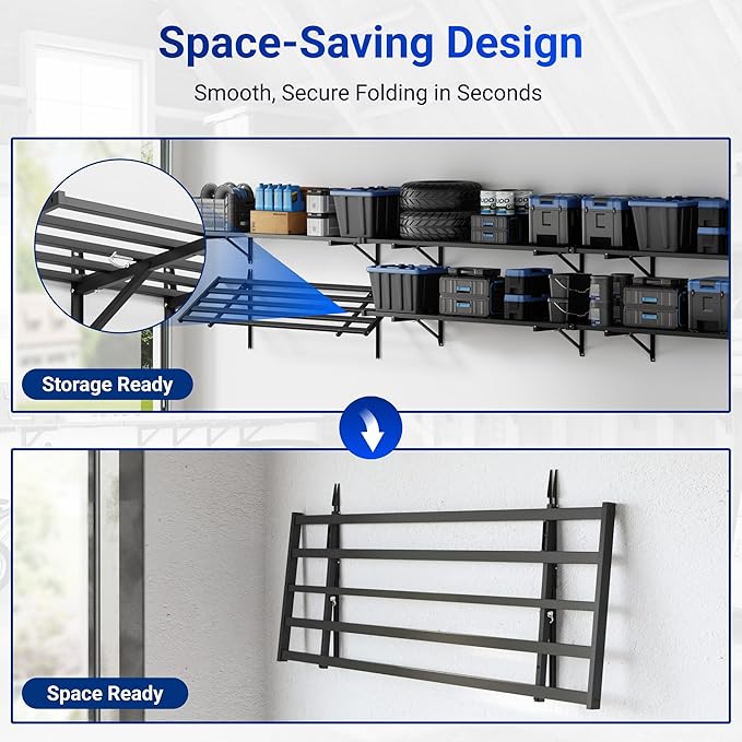 FLEXIMOUNTS Fold-Down 2x4ft Garage Wall Shelving, 4-Pack Heavy Duty Folding Garage Shelving Wall Mounted, 600 lbs Capacity, Storage for Power Tools, Garden Supplies & Seasonal Storage, Lite Series