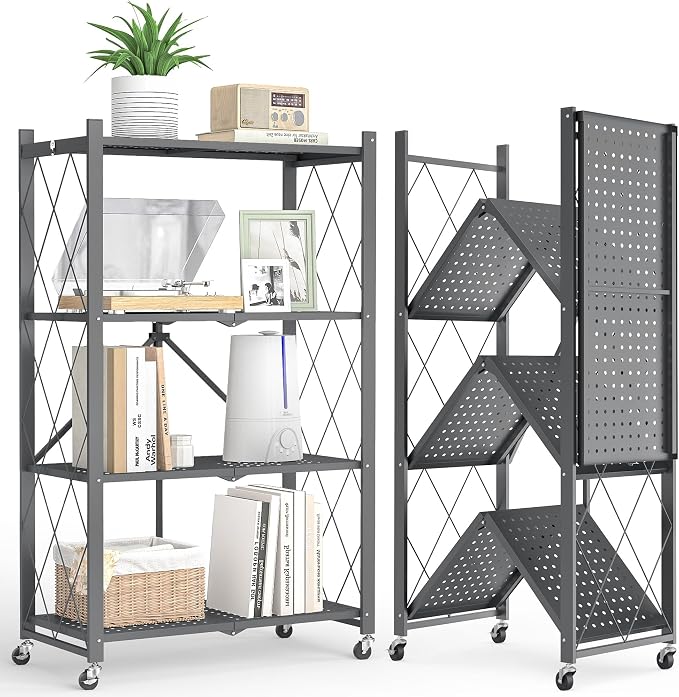 Fenbeli Foldable Shelves with Wheels - 4 Tier Folding Shelf, Collapsible No Assembly Metal Shelving Unit, Origami Storage Shelves & Rolling Storage Rack with 8 Hooks for Kitchen Pantry Garage