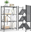 Fenbeli Foldable Shelves with Wheels - 4 Tier Folding Shelf, Collapsible No Assembly Metal Shelving Unit, Origami Storage Shelves & Rolling Storage Rack with 8 Hooks for Kitchen Pantry Garage