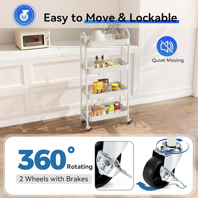 NEWBULIG 4-Tier Metal Rolling Cart with Lockable Wheels, Heavy Duty Mobile Utility Storage Shelf, Roller Book Snack Cart, Organization for Livingroom, Bathroom, Office, White
