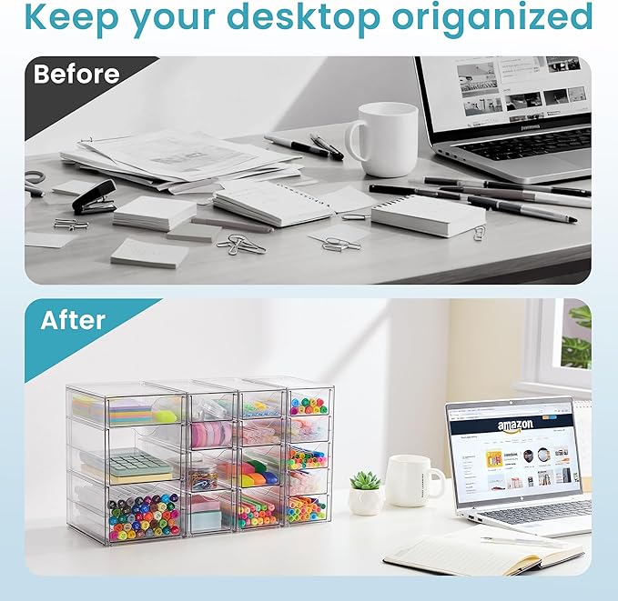 Vtopmart 4 Set Clear Desk Organizer, Acrylic Pen Organizer with 16 Drawers | Desktop Organization and Storage, Clear Storage Drawers for Office Supplies, Pen, Makeup, Art Craft, Jewelry, Nail