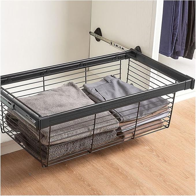 Pull Out Storage Basket with Runners,Metal Under Shelf Storage Basket,Stackable Storage Bins,Adjustable Width 370-970mm,40kg Weight Capacity(Black,Width620-670mm)