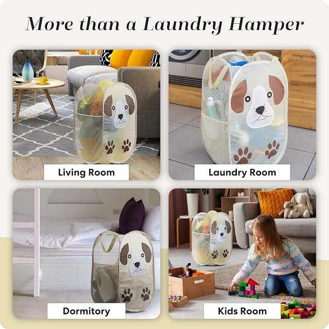 Pop Up Laundry Hamper, Cute Puppy 71L Collapsible Mesh Basket with Handles | Breathable Foldable Clothes Basket, Reinforced Handles, Side Pocket - for Dorm, Travel, Kids Room, Bedroom - Handy Laundry