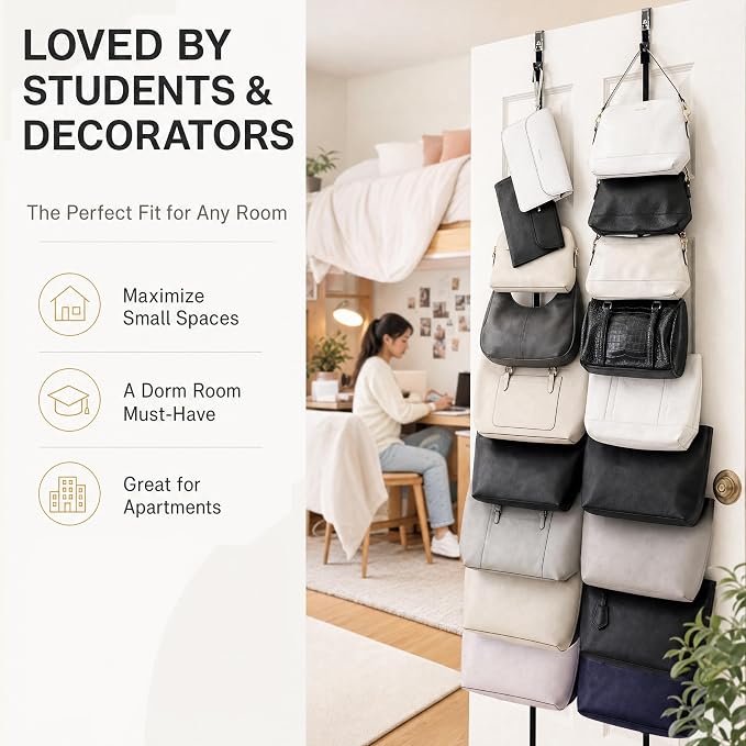 Perfect Curve Handbag and Purse Organizer | Hold up to 9 Bags | Over the Door Organizer | Adjustable Clips | 1 Strap | Black