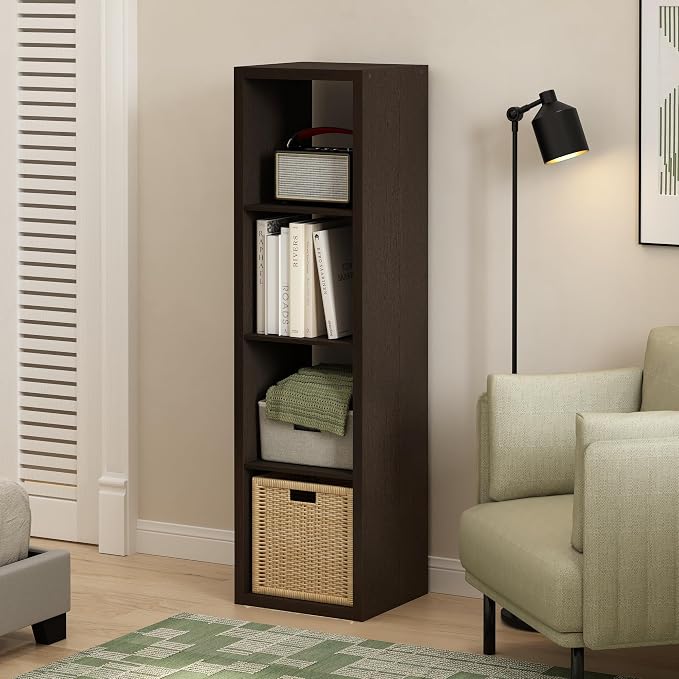Furinno Cubicle 4-Cube Book Shelf, Extra Thick Vertical Bookshelf, Dark Oak | Horizontally & Vertically Reversible Bookcase with Open Back, 14.6" x 16" x 58",For Living Room, Bedroom, Home Office
