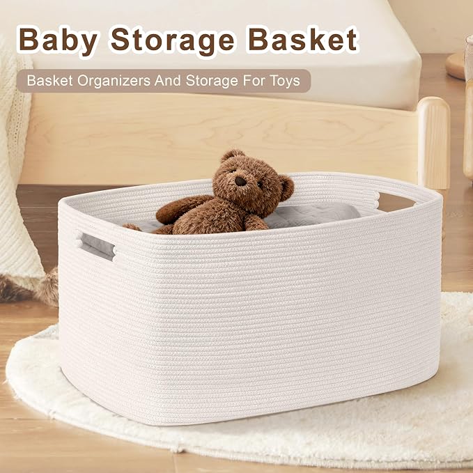 100L Extra Large Woven Laundry Basket Hamper with Handles, White | 24"x16"x16", collapsible wicker hamper, storage for dirty clothes, toys, blankets, gifts, living room, bedroom, bathroom