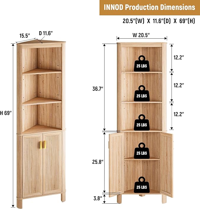 INNOD 69" Tall Corner Shelf with Doors, 6-Tier Corner Storage Cabinet with Doors, Space Saver Shelf for Bathroom, Bathroom Floor Cabinet for Living Room Kitchen, Hallway | with Doors, 6-Tier, with Doors, Space Saver Shelf