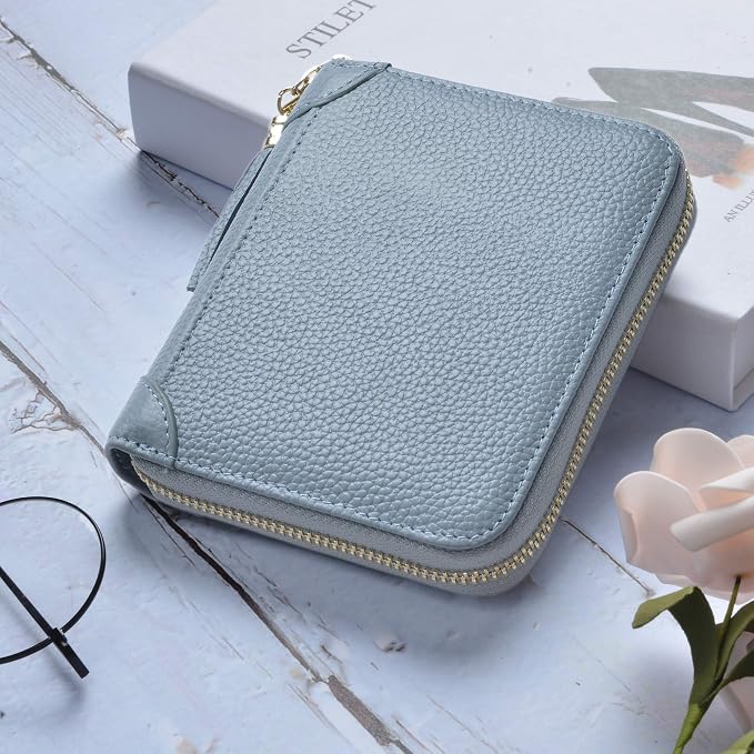 Easyoulife Womens Credit Card Holder Wallet Zip Leather Card Case RFID Blocking (Light Blue)