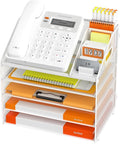 DocNest 5 Tier Metal Mesh Letter Tray - Space Saving Desk File Organizer with Handle, Pen Holder & Folder Holder - Desktop Document Sorter for Office, Home, School, Classroom - White