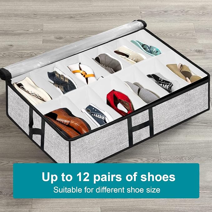 Under Bed Shoe Storage Organizer for Closet 2 Pack- Fits 24 Pairs Underbed Shoes Container Boxes, Light Grey