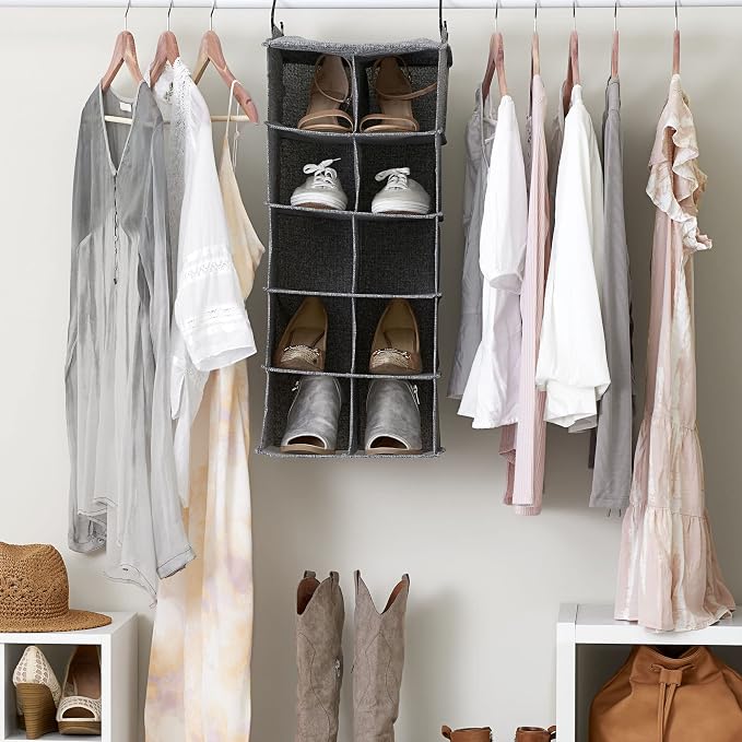 Household Essentials 10 Pocket Double Hang Canvas Shoe Organizer Side‑by‑Side Hanging Storage, Gray