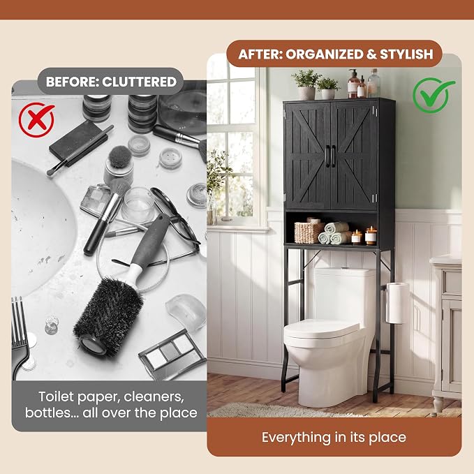 23.6" Over The Toilet Storage Cabinet with Barn Door,Bathroom Organizers and Storage with Adjustable Shelves, Farmhouse Over Toilet Organizer for Bathroom,Restroom,Laundry,Black