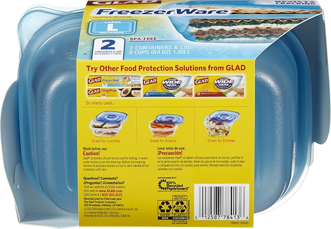 Glad Gladware Freezerware Food Storage Containers, Large Rectangle Holds 64 Ounces of Food, 2 Count Set | Tupperware, Plastic Food Container, Meal Prep Container, Plastic Containers with Lids