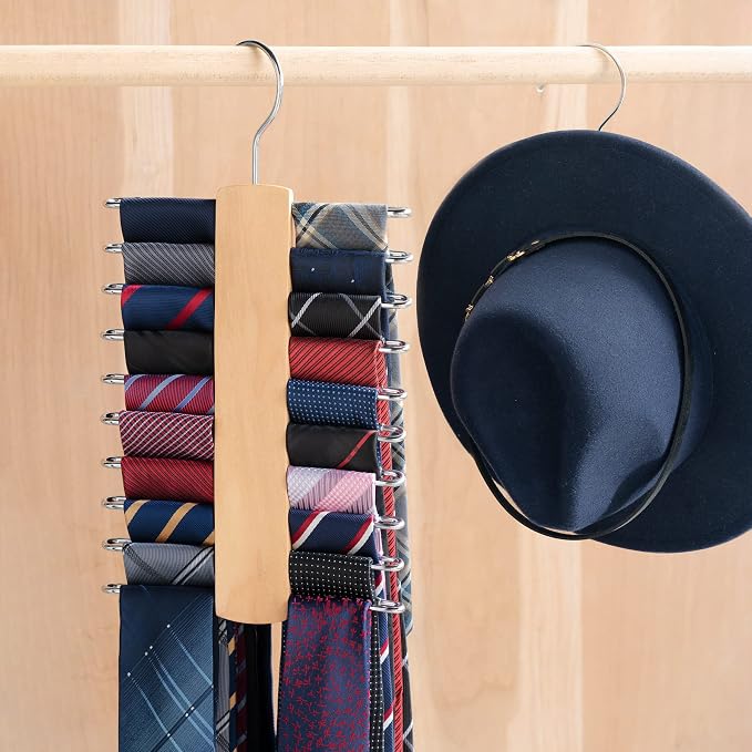 Mkono Wooden Tie Rack Retro Tie Belt Storage Hanger Organizer for Men Closet Space Saving Rack with 20 Non-Slip Hooks for Ties Belt Scarf Organize 360 Rotate Hanger Tie Holder, 1 Piece, Wood Color